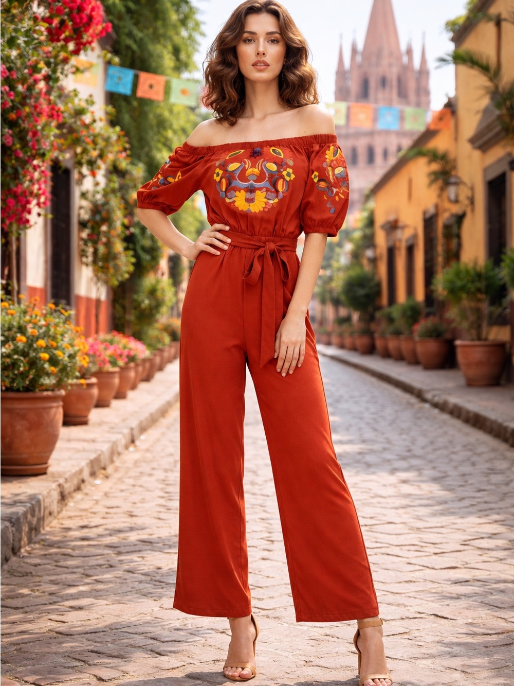 BOSTON PROPER Va Va by Joy Han Embroidered Floral Off the Shoulder Jumpsuit.